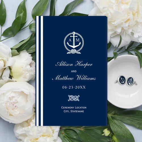 Nautical Navy Blue Anchor Wedding Monogram Program