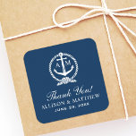 Nautical Navy Blue Anchor Wedding Monogram Square Sticker<br><div class="desc">Modern preppy nautical wedding "Thank You" favor sticker features a wedding monogram displayed inside a boat anchor with rope knot frame and custom text. Square sticker with rounded corners.  Navy blue,  light gray and white color scheme.</div>