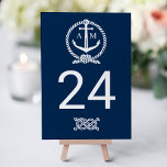 Nautical Navy Blue Anchor Wedding Monogram Table Number<br><div class="desc">Each table number card must be customized via "Personalize it" and individually added to the shopping cart. Nautical theme navy blue,  light gray,  and white table number card features a boat anchor monogram and rope details and a horizontal stripe pattern on the back.</div>