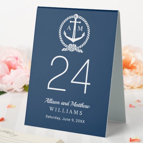 Nautical Navy Blue Anchor Wedding Monogram Table Tent Sign