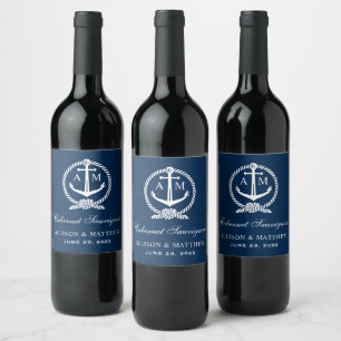 Nautical Navy Blue Anchor Wedding Monogram Wine Label