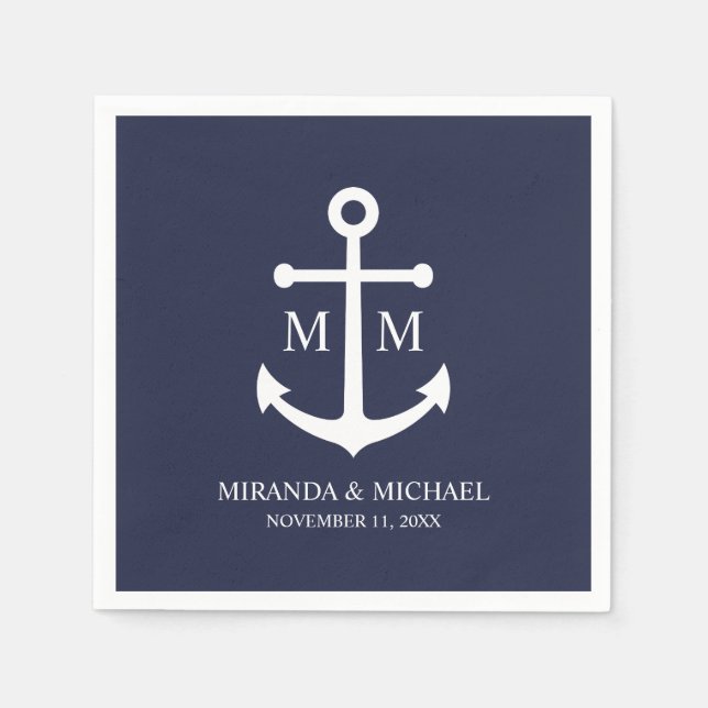 Nautical Navy Blue Anchor Wedding Napkins (Front)