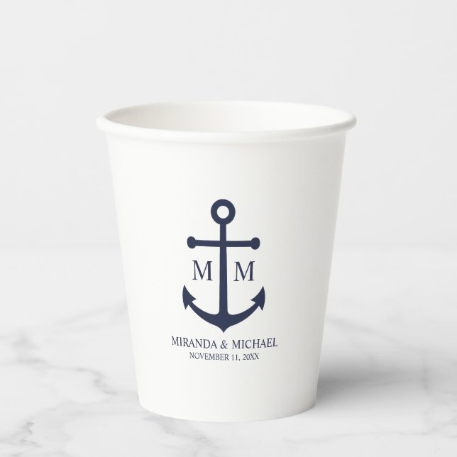 Nautical Navy Blue Anchor Wedding Paper Cups (Front)