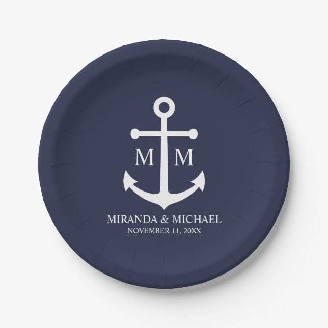 Nautical Navy Blue Anchor Wedding Paper Plates (Front)