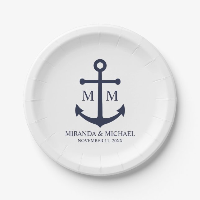 Nautical Navy Blue Anchor Wedding Paper Plates (Front)
