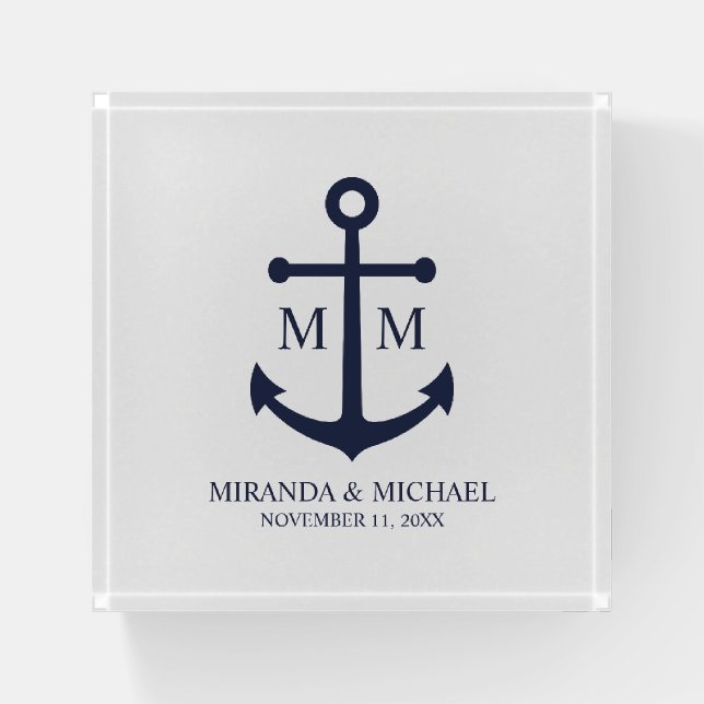 Nautical Navy Blue Anchor Wedding Paperweight (Front)