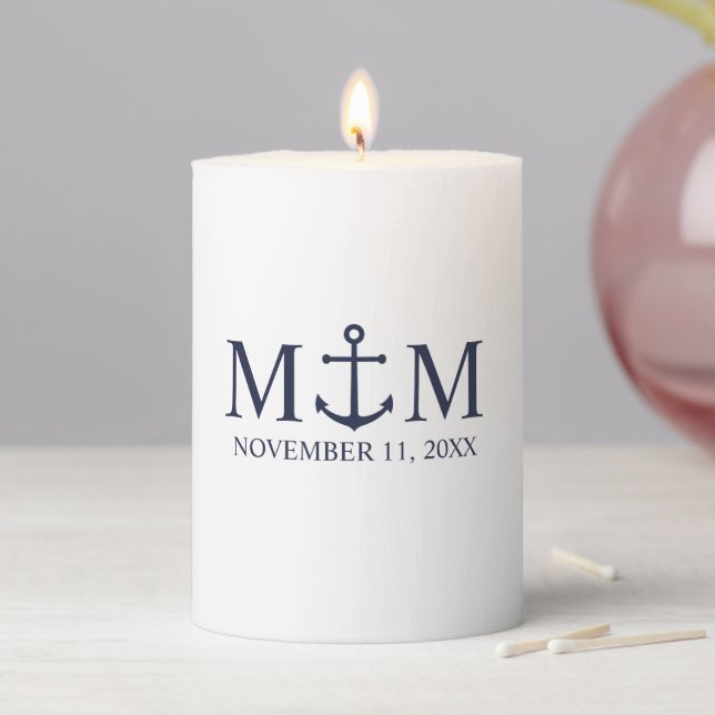 Nautical Navy Blue Anchor Wedding Pillar Candle (In Situ)