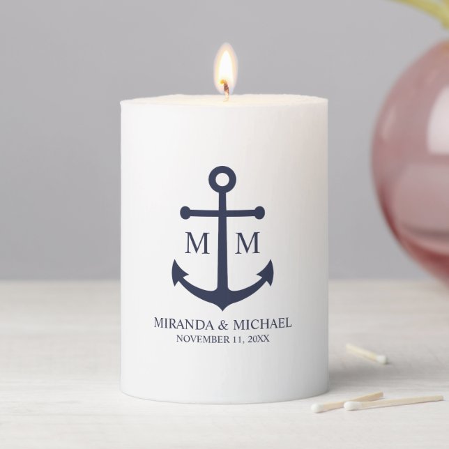 Nautical Navy Blue Anchor Wedding Pillar Candle (In Situ)