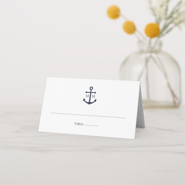 Nautical Navy Blue Anchor Wedding Place Card (Front)