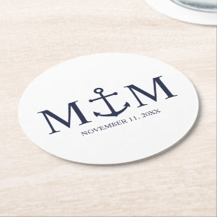 Nautical Navy Blue Anchor Wedding Round Paper Coaster