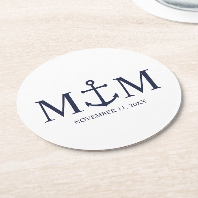 Nautical Navy Blue Anchor Wedding Round Paper Coaster (Angled)