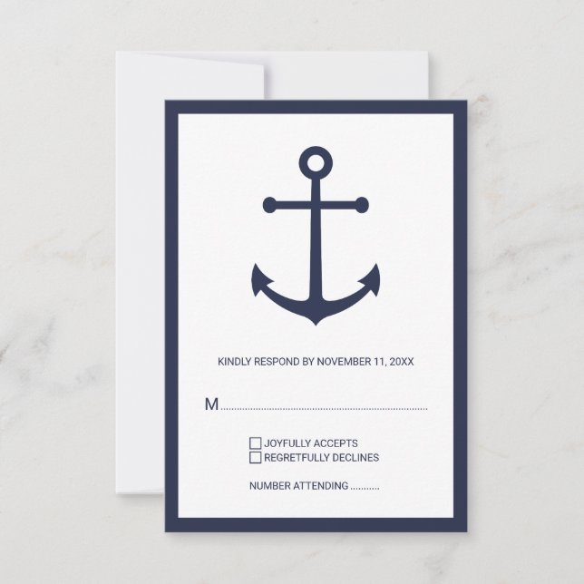 Nautical Navy Blue Anchor Wedding RSVP Card (Front)