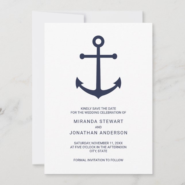 Nautical Navy Blue Anchor Wedding Save the Date (Front)