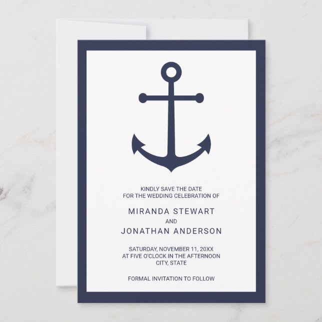 Nautical Navy Blue Anchor Wedding Save the Date (Front)