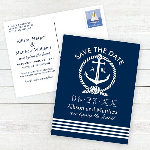 Nautical Navy Blue Anchor Wedding Save the Date Announcement Postcard