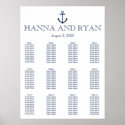 Nautical Navy Blue Anchor Wedding Seating Chart