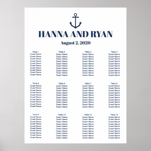 Nautical Navy Blue Anchor Wedding Seating Chart