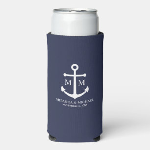 Nautical Navy Blue Anchor Wedding Seltzer Can Cooler