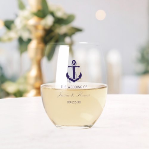 Nautical Navy Blue Anchor Wedding Stemless Wine Glass