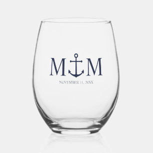 Nautical Navy Blue Anchor Wedding Stemless Wine Glass