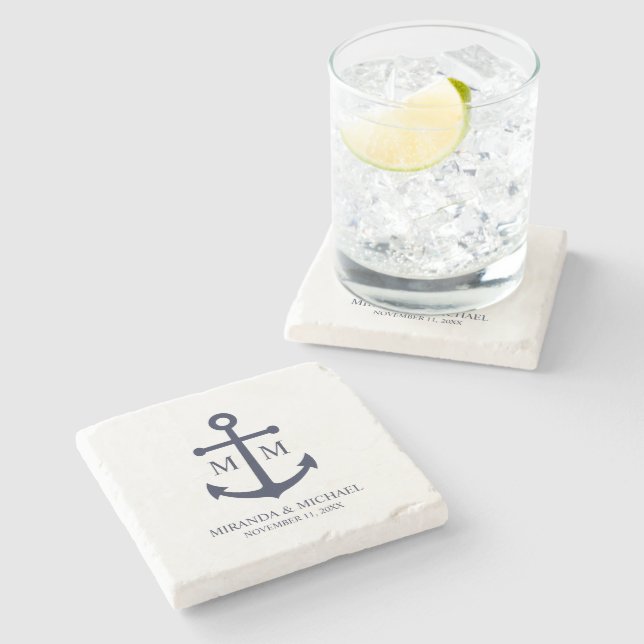 Nautical Navy Blue Anchor Wedding Stone Coaster (Side)