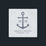 Nautical Navy Blue Anchor Wedding Stone Magnet<br><div class="desc">Add a stylish touch to your nautical wedding with this classic navy blue anchor wedding favor. Designed with a navy blue anchor illustration, it features personalized bride and groom monogram, name, and wedding date in a navy blue serif font on a white background. Perfect for nautical weddings, beach weddings and...</div>