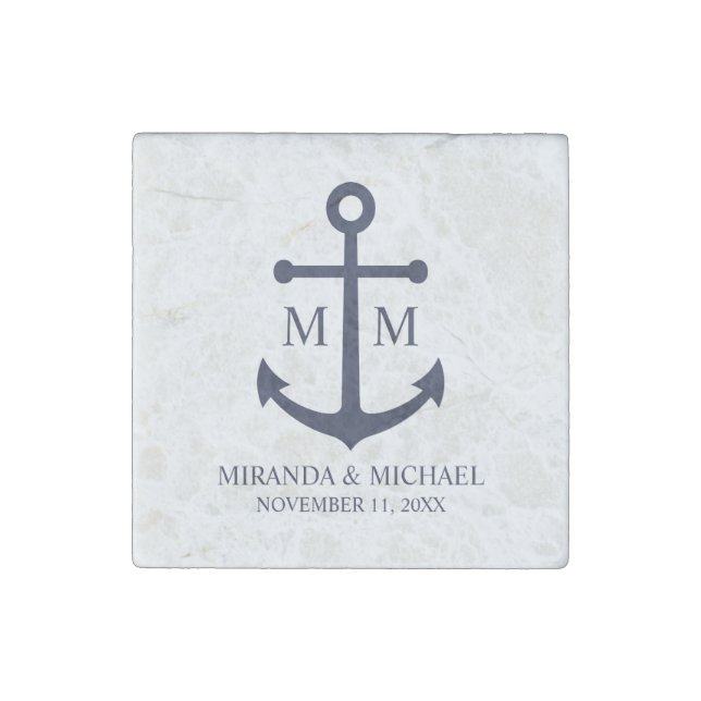 Nautical Navy Blue Anchor Wedding Stone Magnet (Front)