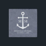 Nautical Navy Blue Anchor Wedding Stone Magnet<br><div class="desc">Add a stylish touch to your nautical wedding with this classic navy blue anchor wedding favor. Designed with a white anchor illustration, it features personalized bride and groom monogram, name, and wedding date in a white serif font on a navy blue background. Perfect for nautical weddings, beach weddings and more....</div>