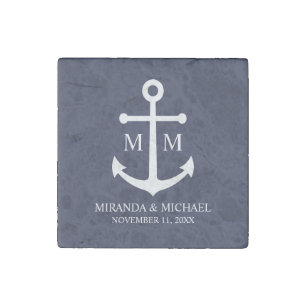 Nautical Navy Blue Anchor Wedding Stone Magnet