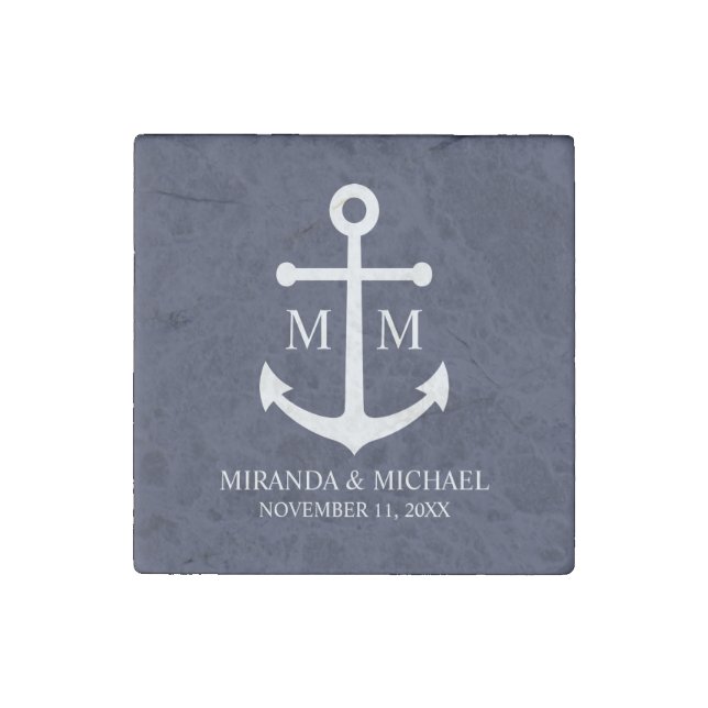 Nautical Navy Blue Anchor Wedding Stone Magnet (Front)