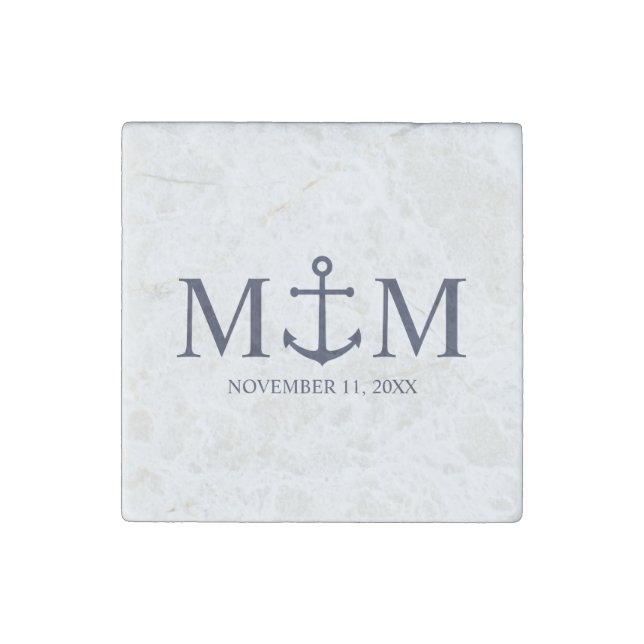 Nautical Navy Blue Anchor Wedding Stone Magnet (Front)