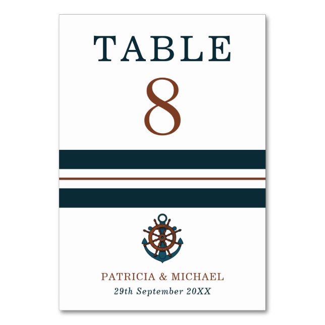Nautical Navy Blue Anchor Wedding Table Number (Front)