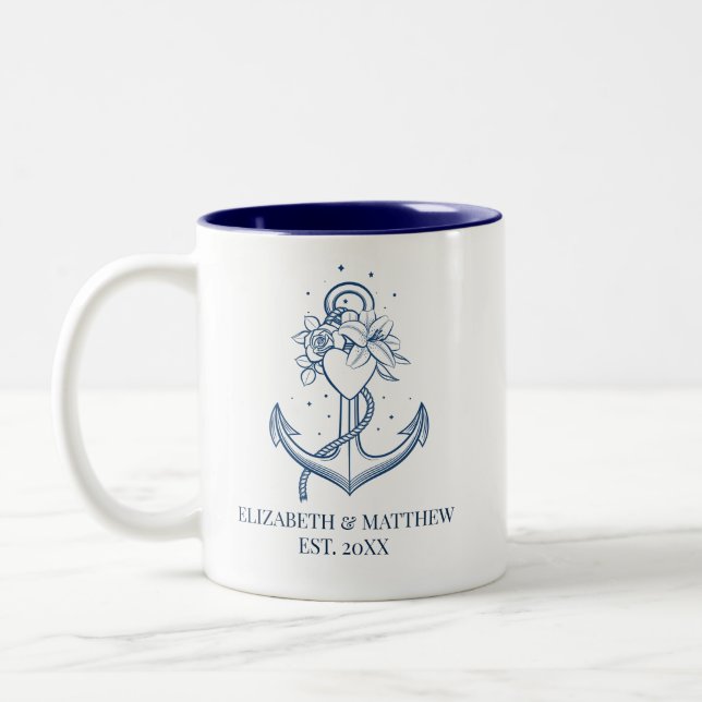 Nautical Navy Blue Anchor Wedding Two-Tone Coffee Mug (Left)
