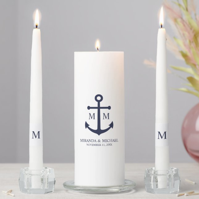 Nautical Navy Blue Anchor Wedding Unity Candle Set (In Situ)