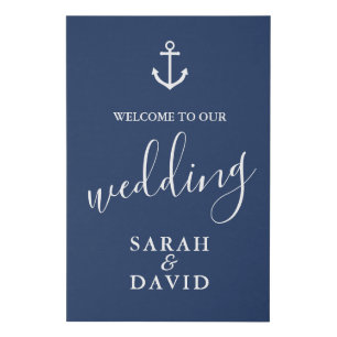 Nautical Navy Blue Anchor Wedding Welcome Faux Canvas Print