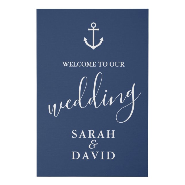 Nautical Navy Blue Anchor Wedding Welcome Faux Canvas Print (Front)