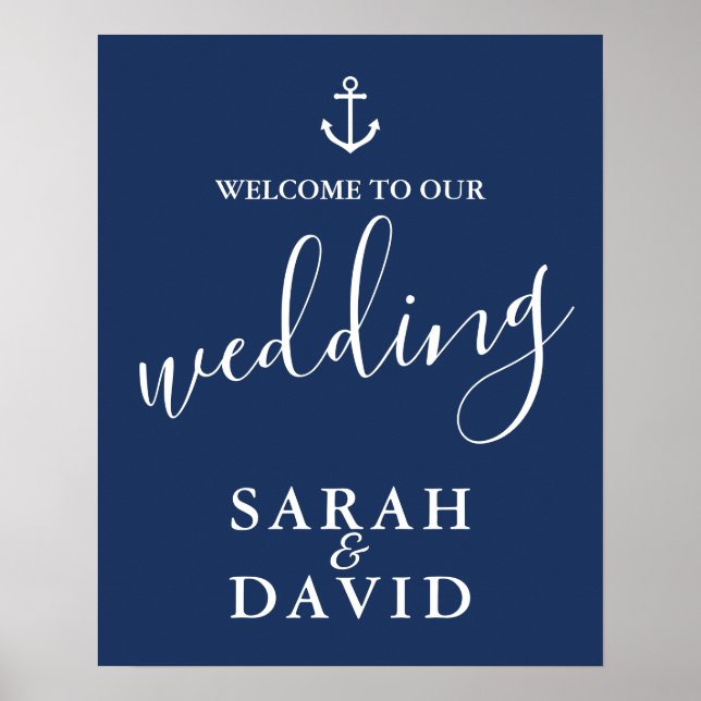 Nautical Navy Blue Anchor Wedding Welcome Sign (Front)