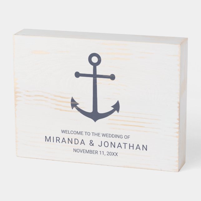Nautical Navy Blue Anchor Wedding Welcome Wooden Box Sign (Angled Horizontal)