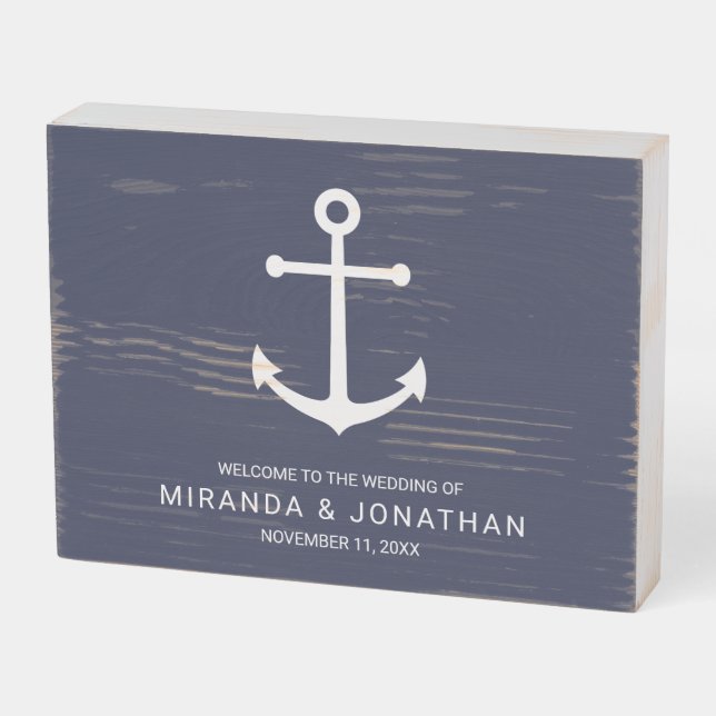 Nautical Navy Blue Anchor Wedding Welcome Wooden Box Sign (Angled Horizontal)