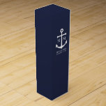 Nautical Navy Blue Anchor Wedding Wine Box<br><div class="desc">Add a stylish touch to your nautical wedding with this classic navy blue anchor wedding wine box. Designed with a white anchor illustration, it features personalized bride and groom monogram, name, and wedding date in a white serif font on a navy blue background. Perfect for nautical weddings, beach weddings and...</div>
