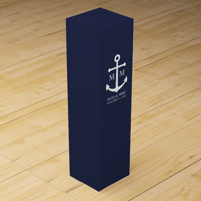 Nautical Navy Blue Anchor Wedding Wine Box (Front)
