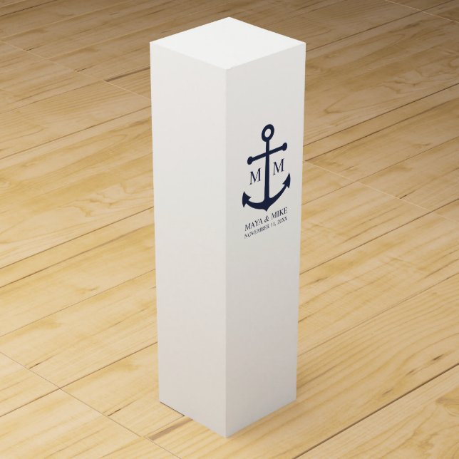 Nautical Navy Blue Anchor Wedding Wine Box (Front)