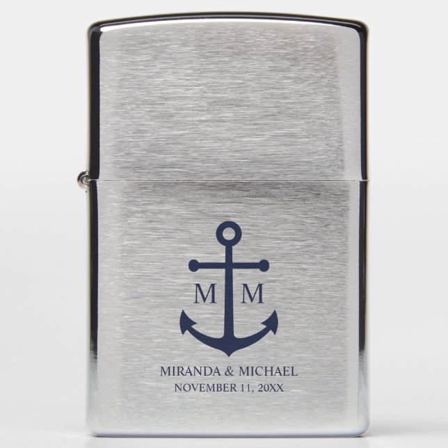 Nautical Navy Blue Anchor Wedding Zippo Lighter (Front)