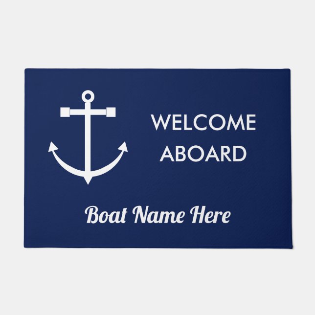 Nautical Navy Blue Anchor Welcome Aboard Boat Name Doormat (Front)