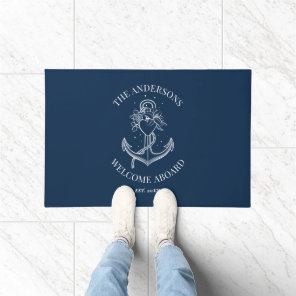 Nautical Navy Blue Anchor Welcome Aboard Boat Name Doormat