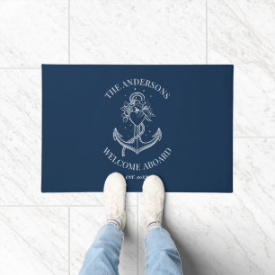 Nautical Navy Blue Anchor Welcome Aboard Boat Name Doormat