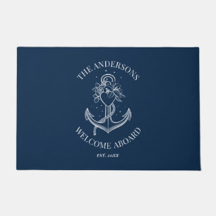 Nautical Navy Blue Anchor Welcome Aboard Boat Name Doormat