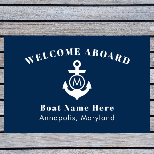 Nautical Navy Blue Anchor Welcome Aboard Boat Name Doormat