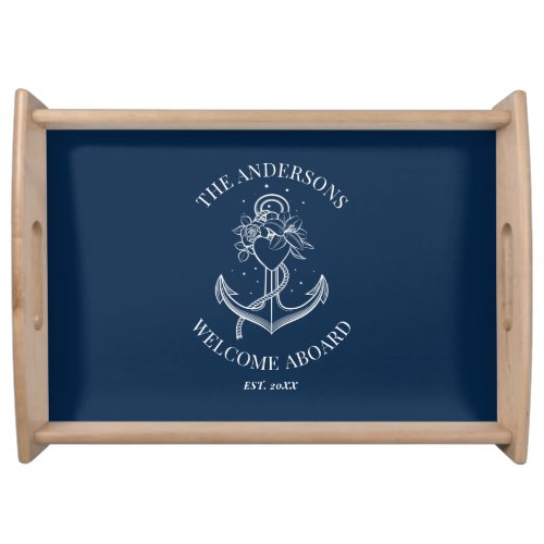 Nautical Navy Blue Anchor Welcome Aboard Serving Tray