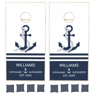 Nautical Navy Blue Anchor White Blue Stripes Cornhole Set